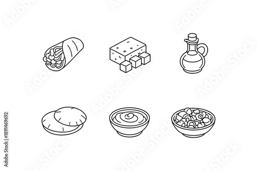 Minimalist food icons featuring mediterranean cuisine in black and white outline style
