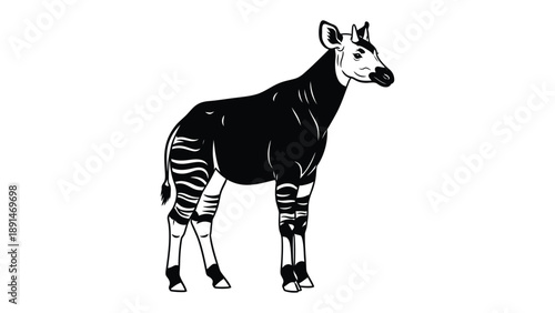 Okapi in Profile: Striking silhouette of an okapi, its unique striped legs and elegant form showcased in a minimalist black and white composition.