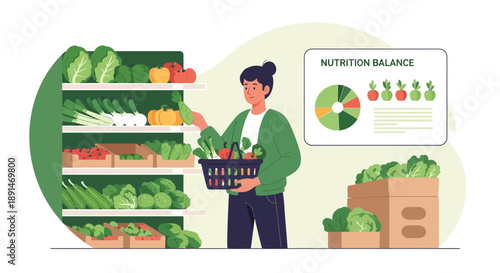 Woman Choosing Fresh Vegetables at Grocery Store for Healthy Diet.