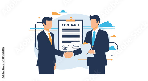 Business partnership agreement signing. Two businessmen shaking hands to finalize a contract deal and symbolizing successful negotiation.