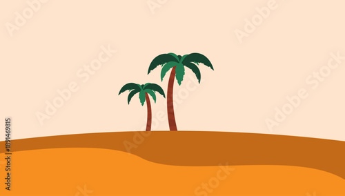 Vector illustration of a peaceful desert landscape featuring rolling sand dunes and two palm trees, representing arid nature, travel scenery, oasis concepts, and minimalist environmental artwork desig