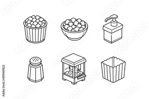 Popcorn and snack icons: isometric black and white line art collection for food and cinema themes