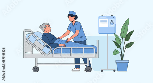 Nurse Assisting Elderly Woman Patient in Hospital Bed. Geriatric Care and Professional Medical Support Illustration in a Clinical Setting.