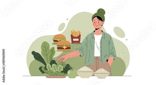 Woman Choosing Healthy Food Over Unhealthy Options Illustration.