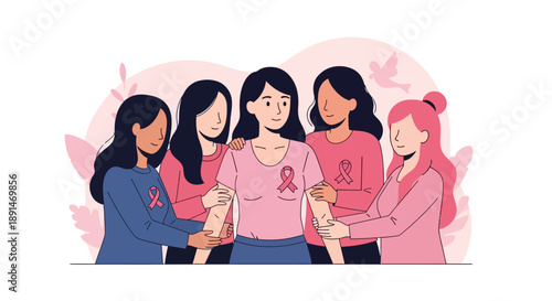 Breast Cancer Awareness Support Group. Women Showing Solidarity with Pink Ribbons. Oncology, Health, and Sisterhood Vector Illustration.