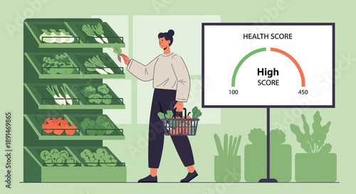Woman Choosing Healthy Food with High Health Score Display.