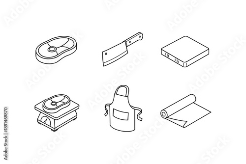 Butcher shop essentials: knife, apron, meat, cutting board, grinder, paper roll in linear style