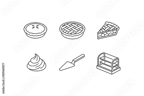 Bakery line icons: pies, pastry slice, whipped cream, baking tools