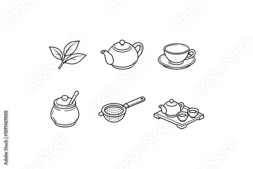 Linear tea icons set: teapot, cup, leaves, sugar pot, strainer, tea tray