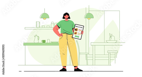 Woman Displaying Food App in Kitchen Promoting Healthy Eating.