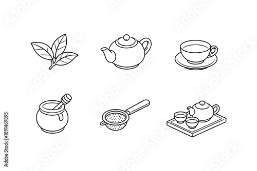 Tea time essentials: line art collection of tea leaves, teapot, cup, honey, strainer, tea set