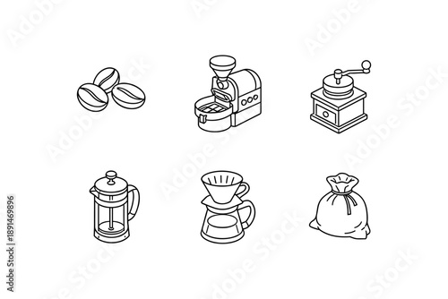 Isometric coffee elements: beans, machines, and brewing icons in line art style