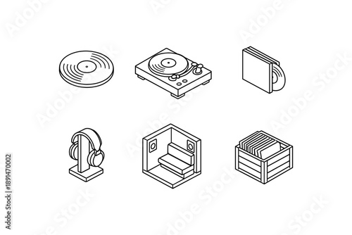 Isometric music set: turntable, headphones, vinyl records, listening room