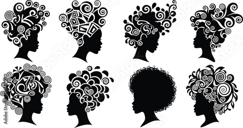 Black silhouettes of women with ornate curly hairstyles black, white, silhouette, women, hairstyles, curls, swirls, leaves, flowers, patterns, heads, profiles, decorative, hair female, afros, artistic