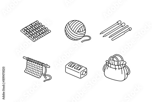 Linear knitting tools set: yarn, needles, patterns, and accessories for craft enthusiasts