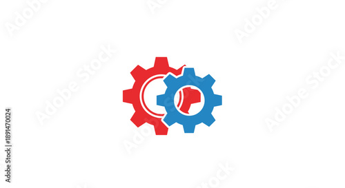 Interlocking red and blue gear wheels symbolizing teamwork, mechanical synergy and industrial collaboration.