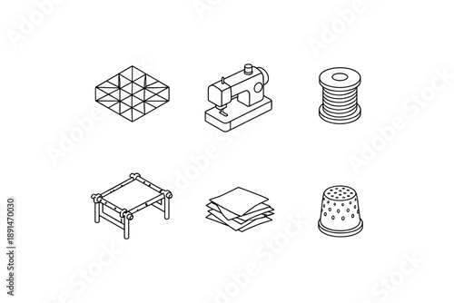 Crafting essentials: sewing machines, fabric rolls, and tools in linear icons