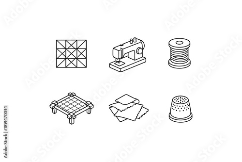 Linear sewing and quilting tools set with spool, sewing machine, and fabrics