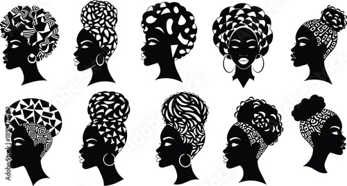 Black silhouettes of women with various hairstyles and patterns african american women, black silhouettes, hairstyles, patterns, geometric shapes, curly hair, afros, head wraps, earrings, profiles, be