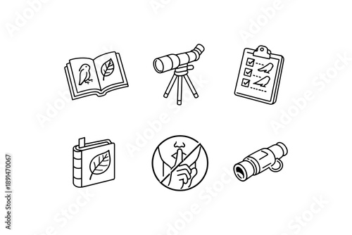 Simple outline icons of nature exploration: telescope, binoculars, and nature journaling