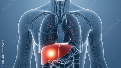 Anatomical view of human torso, highlighting the liver and lungs