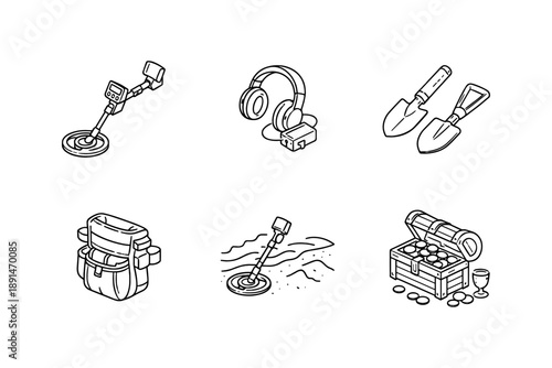 Monochrome treasure hunting icons: metal detector, headphones, shovels, backpack, treasure chest