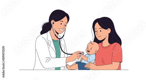 Pediatrician Check-up: Doctor examines happy baby with stethoscope held by mother. Medical care and wellness illustration.