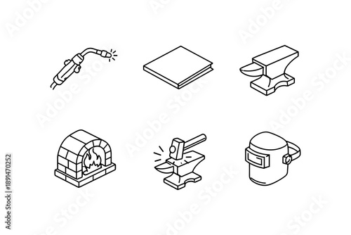 Blacksmith tools in minimalist line art style for crafting enthusiasts