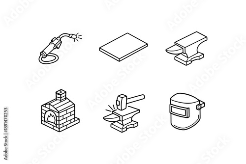 Blacksmith tools collection: anvil, forge, welding, hammer in line art style