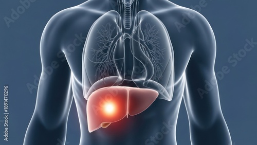 Anatomical illustration showing human torso, lungs, liver with bright spot