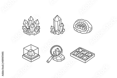 Isometric mineral icons: crystals, geodes, gem display, and gemstone box