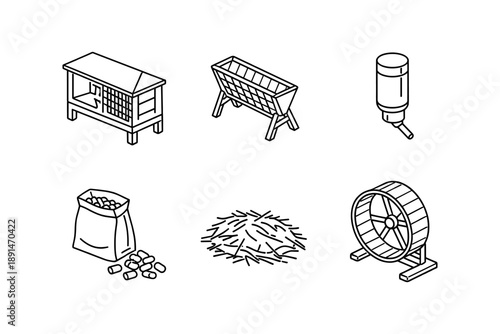 Isometric rabbit hutch and accessories set for pet care enthusiasts
