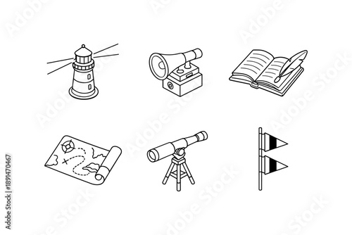 Nautical and exploration icons set in linear style