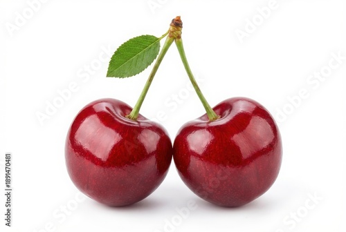 Two fresh cherries with leaf isolated on transparent background