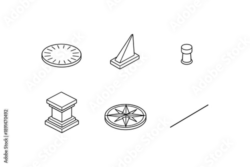 Set of isometric sundial icons: minimalist timekeeping designs