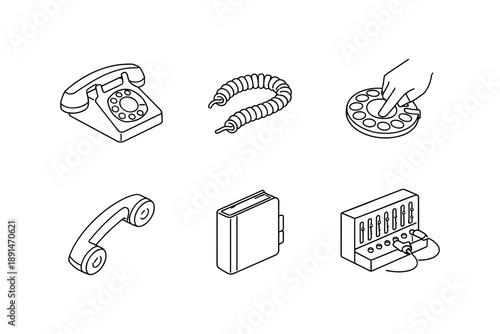 Retro telephone icons set in minimalist linear style for tech enthusiasts