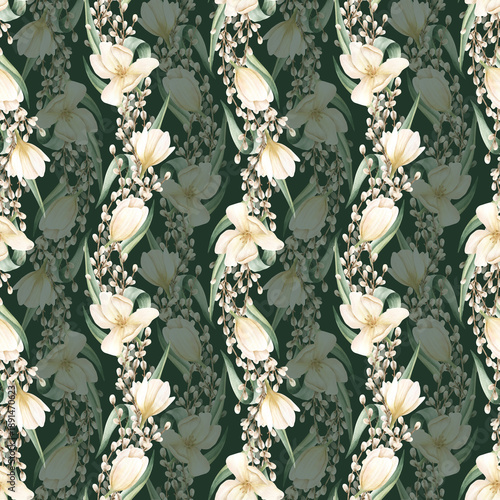 White tulips, willow branches seamless pattern on dark green background. Spring watercolor flowers. Floral repeat ornament for Easter holiday, eco design, rustic style. Hand drawn illustration