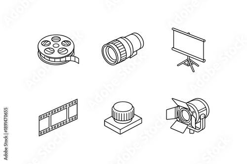 Isometric cinema icons: film reel, camera lens, projector screen, and more