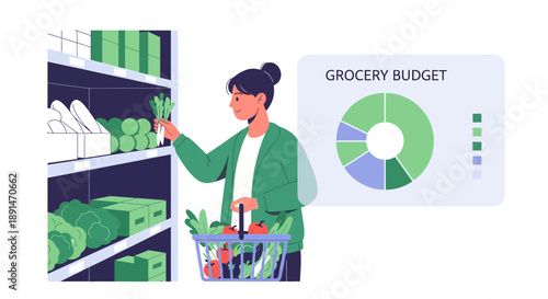 Woman Shopping for Groceries with Budget Pie Chart.