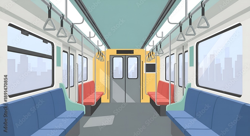 Obraz premium Interior of a modern, empty subway train carriage with blue seats and city views through the windows