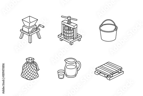 Isometric farm equipment icons: grinder, press, bucket, sack, jug, pallet