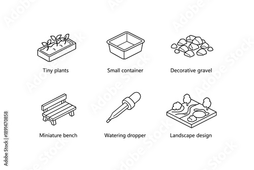 Garden tools and accessories for landscape design in line art style