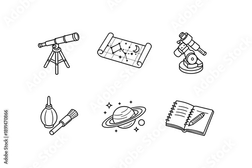 Astronomy tools and celestial mapping in clean line art