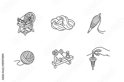 Linear spinning tools set: yarn, bobbin, niddy noddy, spindle, wheel, handcraft icons