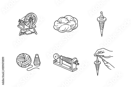 Handcrafted textile tools collection: spinning wheel, yarn, roving, and tools in linear style