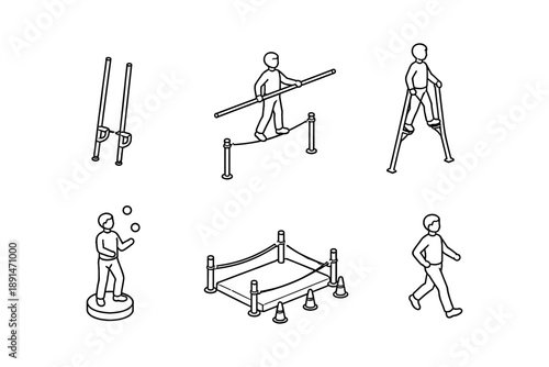 Isometric circus performer activities: juggling stunts and tightrope walking illustrations