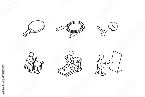Minimalist sports and fitness icons with simple activities and equipment