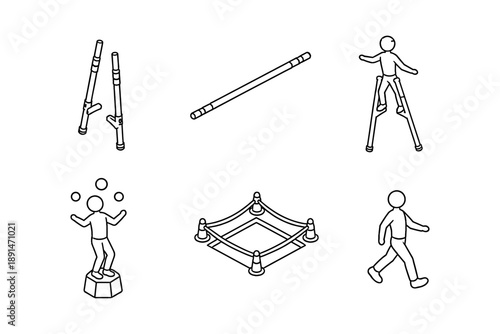 Circus icons line art: stilts, juggling, unicycling, tightrope, performance, entertainment