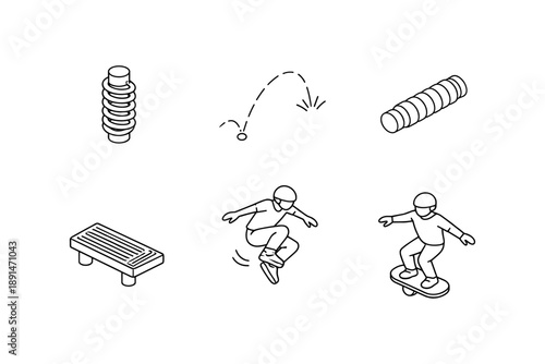 Isometric playground elements and skateboarding icons in linear style