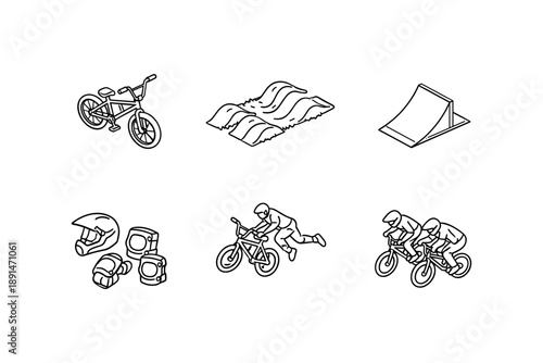 Bmx cycling icons: bmx bike, track, ramp, gear, rider performances for extreme sports designs